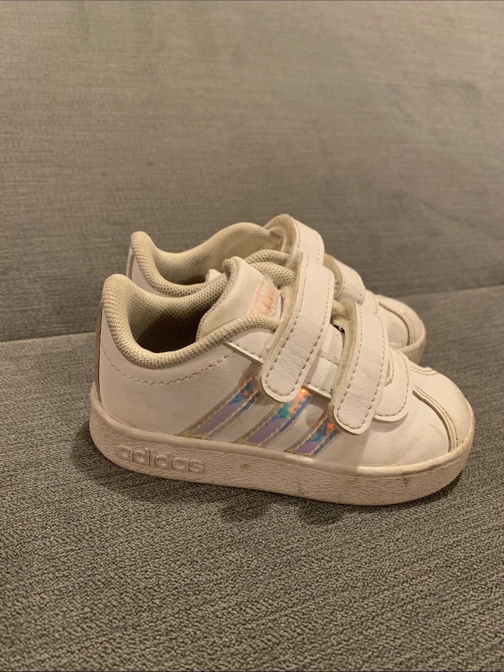 Adidas Kids White Sneakers Baby Girls Size 5 Iridescent Stripes Velcro Closure